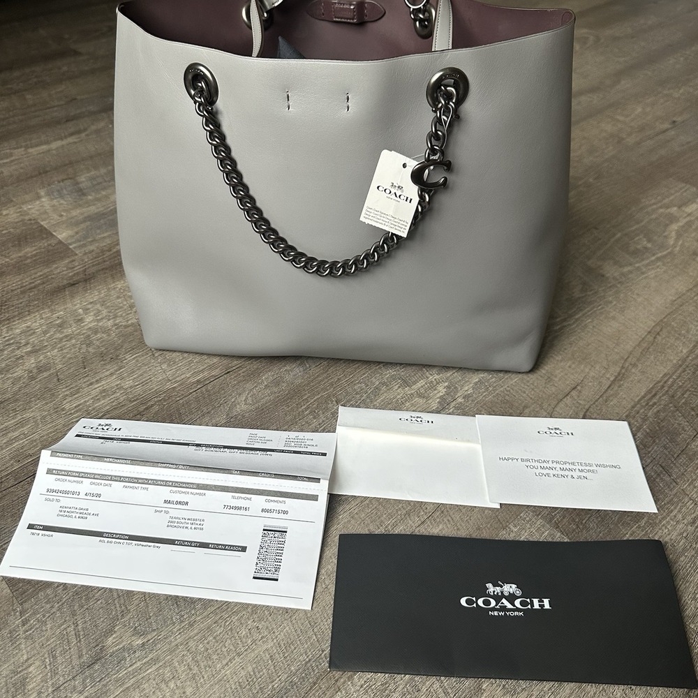 $375 COACH Signature Chain Convertible Gray Large Tote with Black Chain